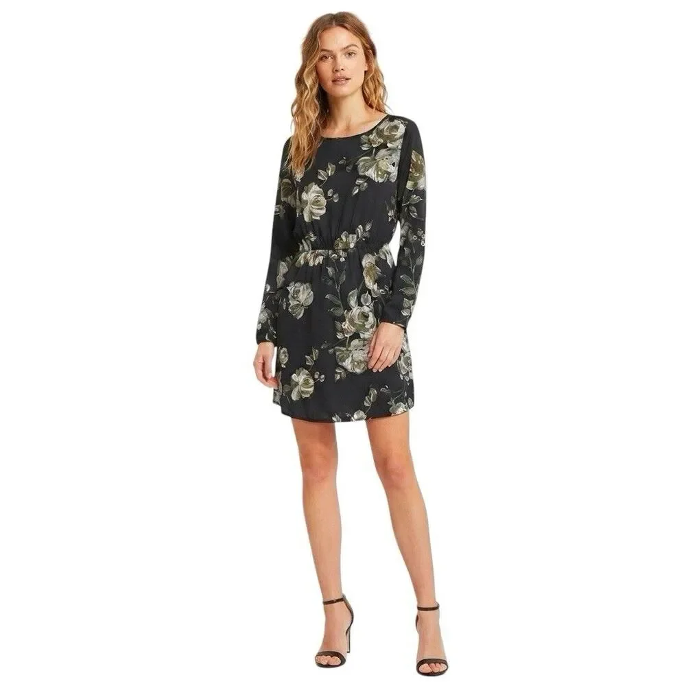 J.Crew Womens Dress Sz 00 Sz 2XS Black Floral Long Sleeve Short Fall Winter